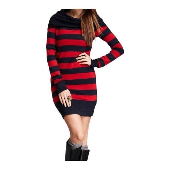 French Connection Navy Red Striped Cowl Neck Sweater Dress Women’s Medium - Picture 1 of 10
